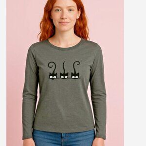 Three Black Cats Graphic Shirt Womens Size Large Long Sleeve Dark Gray 100% Poly